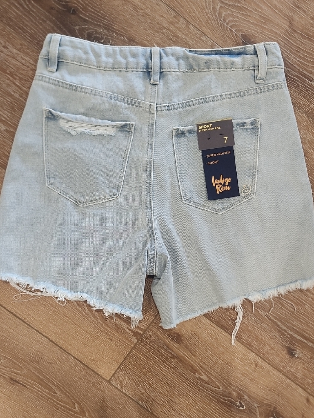 Indigo Rein Recycled Sustainable Light Blue Distressed Grunge High Rise Shorts 7 - Picture 6 of 10